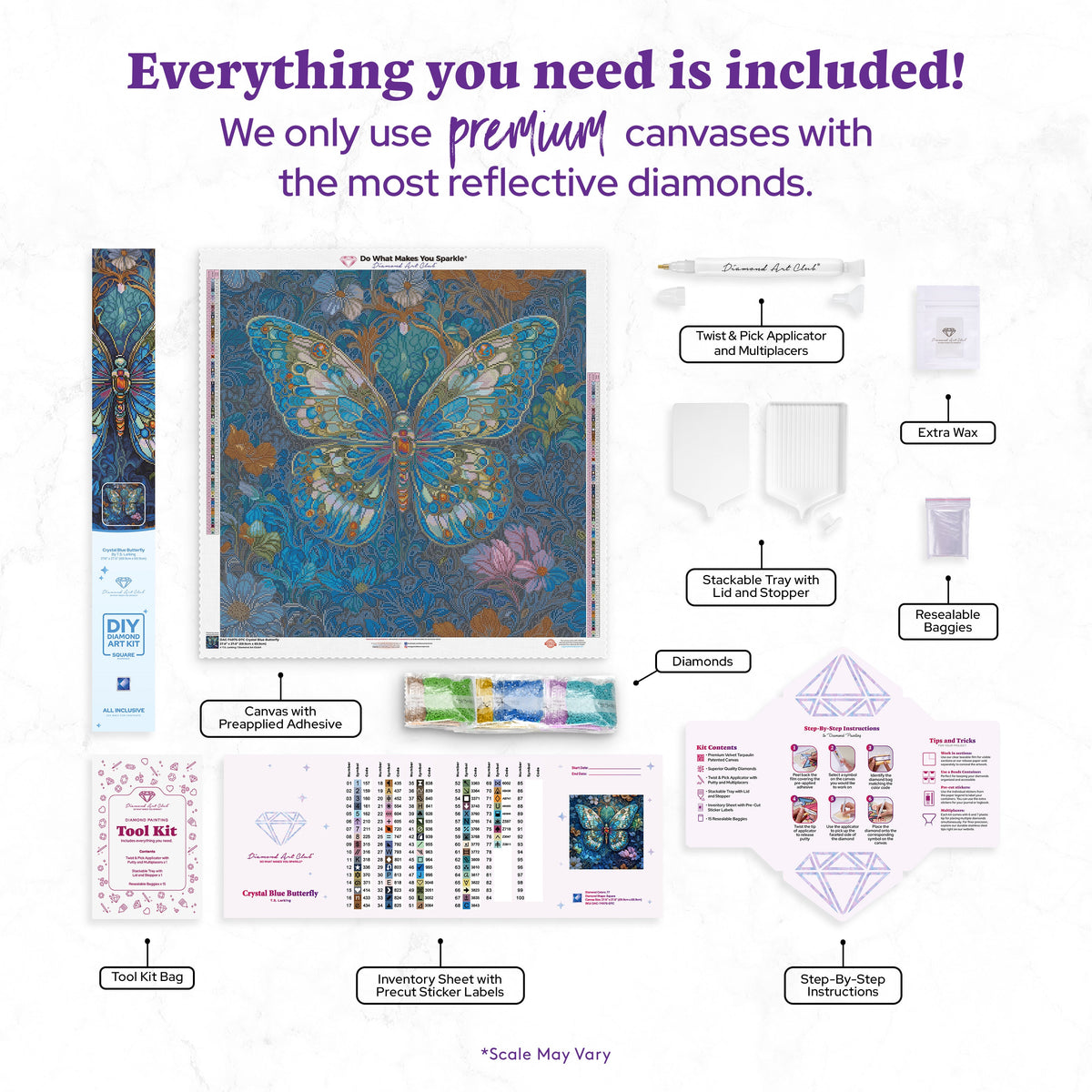 Diamond Painting Crystal Blue Butterfly 27.6" x 27.6" (69.9cm x 69.9cm) / Square With 77 Colors Including 4 ABs and 4 Fairy Dust Diamonds / 78,961
