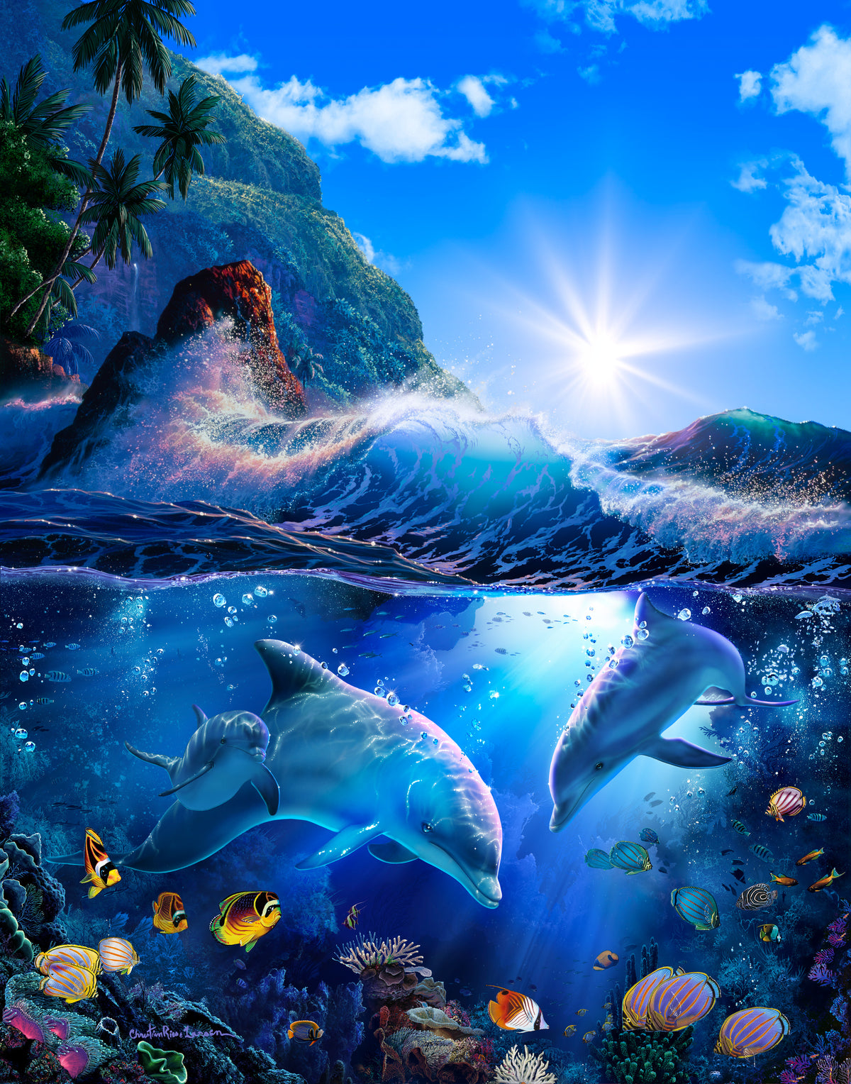 Coral Sea Daytime Dolphins — original artwork by Christian Riese Lassen