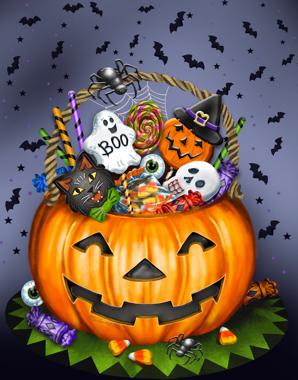 Halloween Candy in Pumpkin — original artwork by Liz Goodrick-Dillon