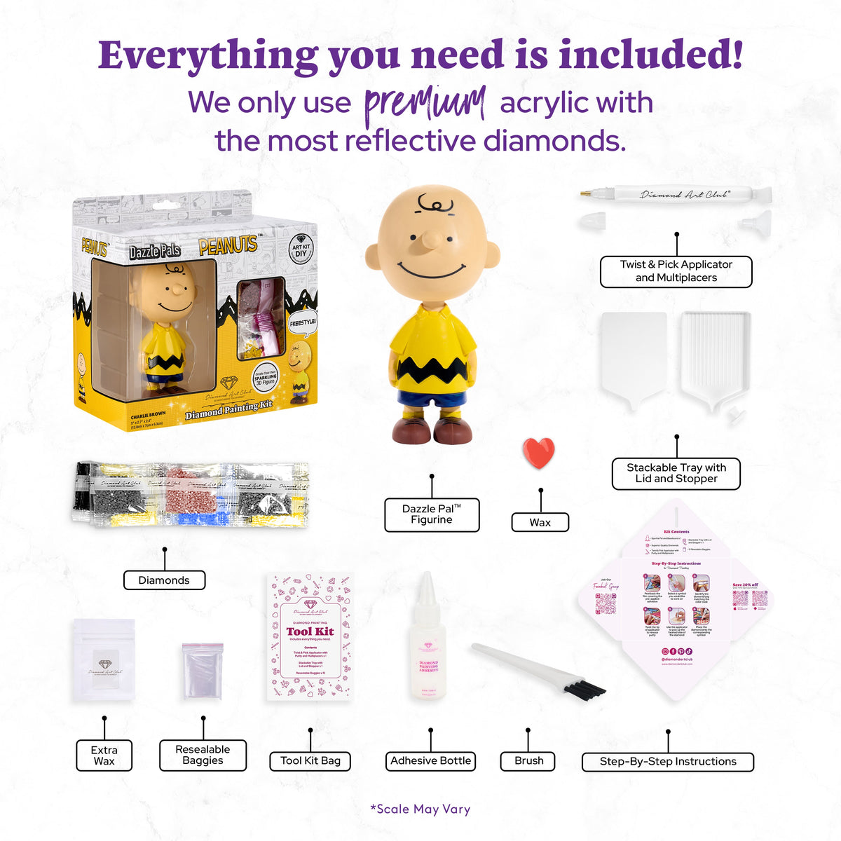 Diamond Painting Dazzle Pals™ - Charlie Brown™ 5" x 2.7" x 2.4" (12.8cm x 7cm x 6.3cm) / Round with 5 Colors / 3,540