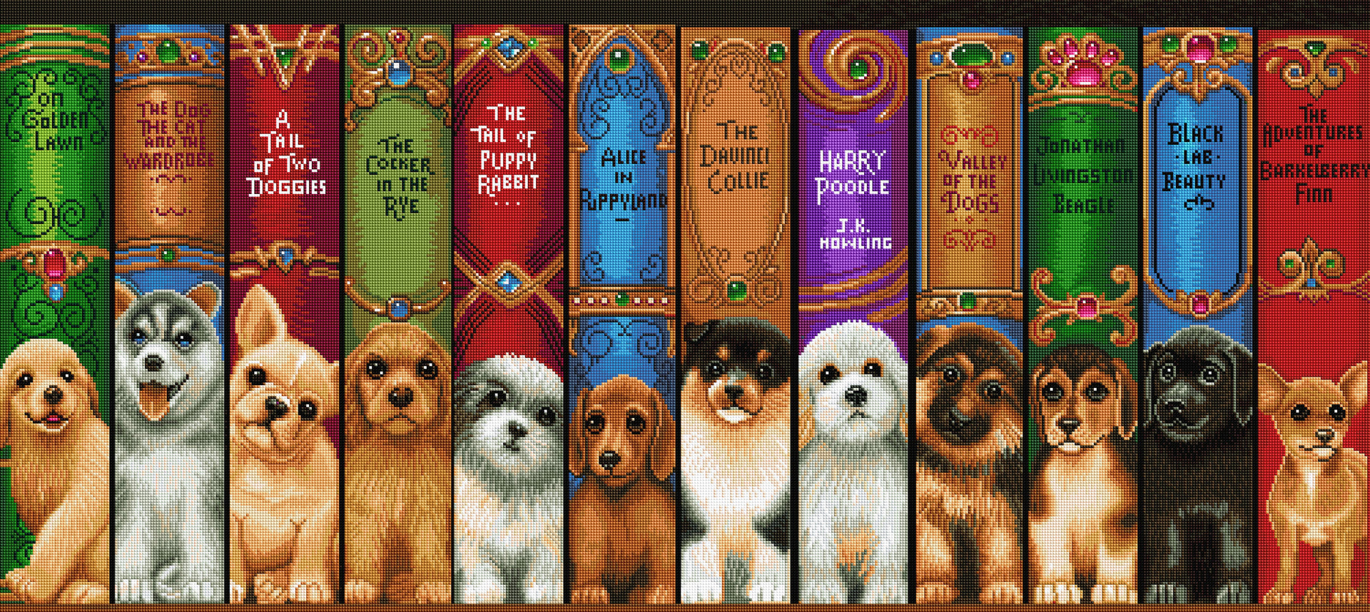 Diamond Painting Dog Bookshelf 49" x 22" (125cm x 56cm) / Square with 53 Colors including 4 ABs / 112,224
