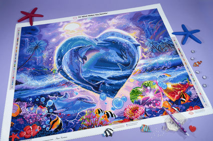 Diamond Painting Dolphins In Love 34.7" x 27.6" (88cm x 70cm) / Square with 67 Colors including 5 ABs and 2 Fairy Dust Diamonds / 99,193