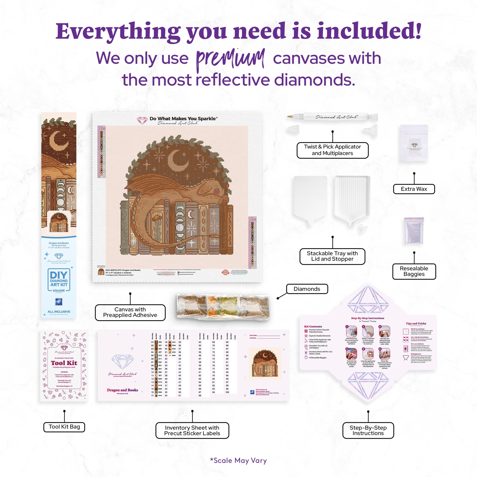 Diamond Painting Dragon and Books 17" x 17" (42.8cm x 42.8cm) / Square with 22 Colors including 1 AB and 1 Frosted Diamond and 4 Fairy Dust Diamonds / 16,725