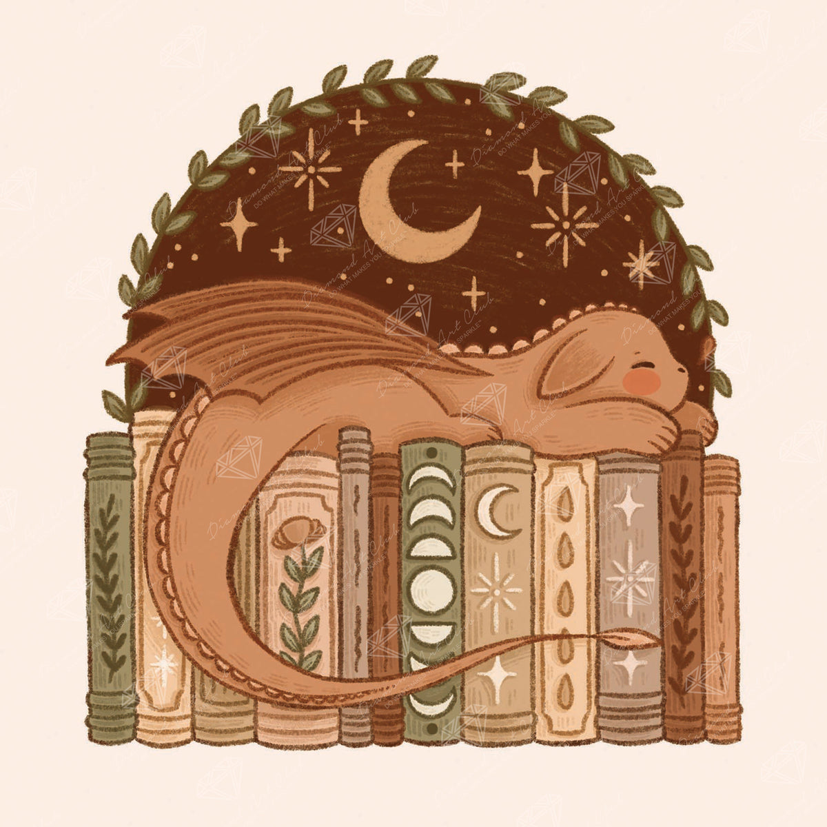 Diamond Painting Dragon and Books 17" x 17" (42.8cm x 42.8cm) / Square with 22 Colors including 1 AB and 1 Frosted Diamond and 4 Fairy Dust Diamonds / 16,725