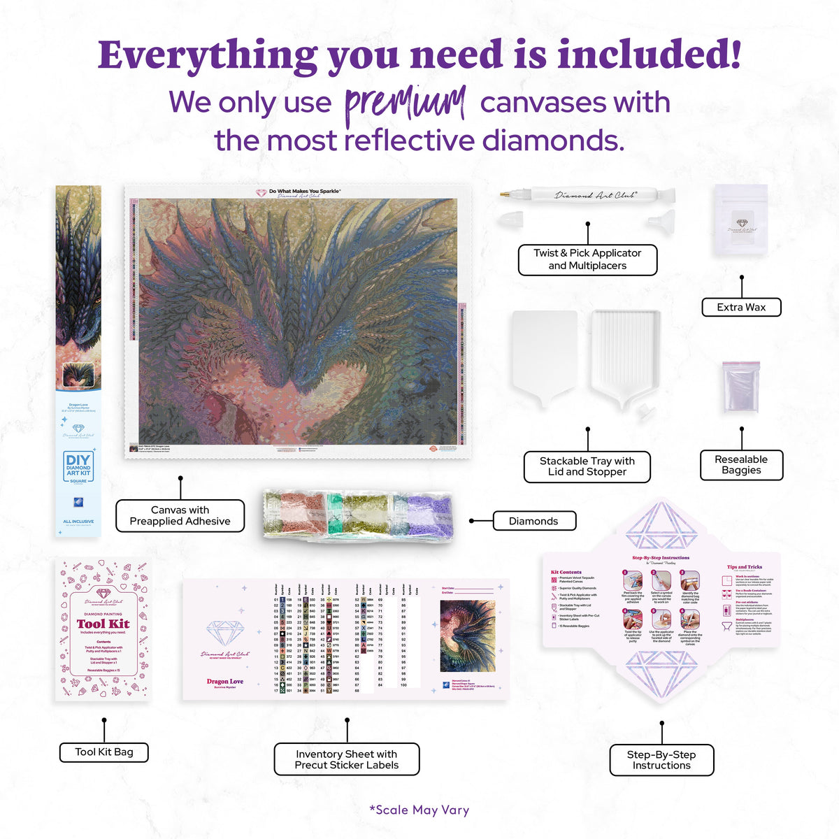 Diamond Painting Dragon Love 35.8" x 27.6" (90.9cm x 69.9cm) / Square with 61 Colors including 1 AB and 5 Fairy Dust Diamonds / 102,565