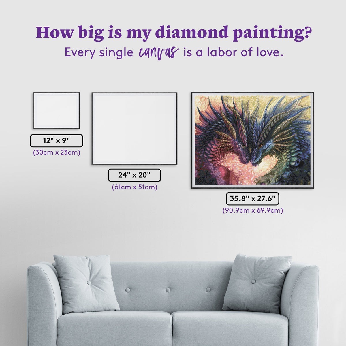 Diamond Painting Dragon Love 35.8" x 27.6" (90.9cm x 69.9cm) / Square with 61 Colors including 1 AB and 5 Fairy Dust Diamonds / 102,565