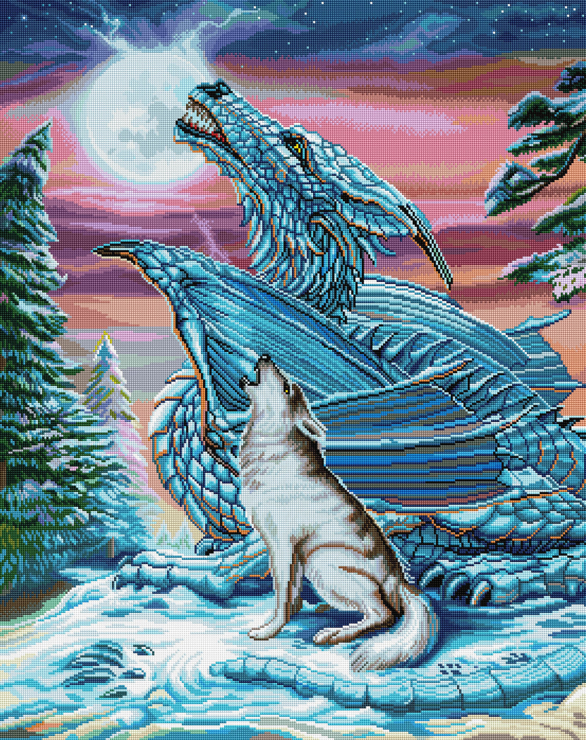Diamond Painting Dragon Wolf Moon (Moon Song) 27.6" x 34.7" (70cm x 88cm) / Square with 62 Colors including 4 ABs / 96,673