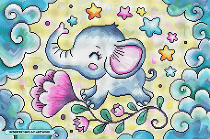 Diamond Painting Dreaming Elephant 25" x 17" (63.9cm x 42.6cm) / Round with 50 Colors including 2 ABs and 4 Fairy Dust Diamonds / 34,656