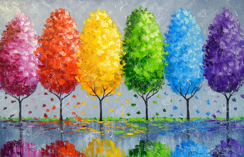 Chaque arbre a une âme : œuvre d'art représentant des arbres aux couleurs de l'arc-en-ciel se reflétant dans l'eau