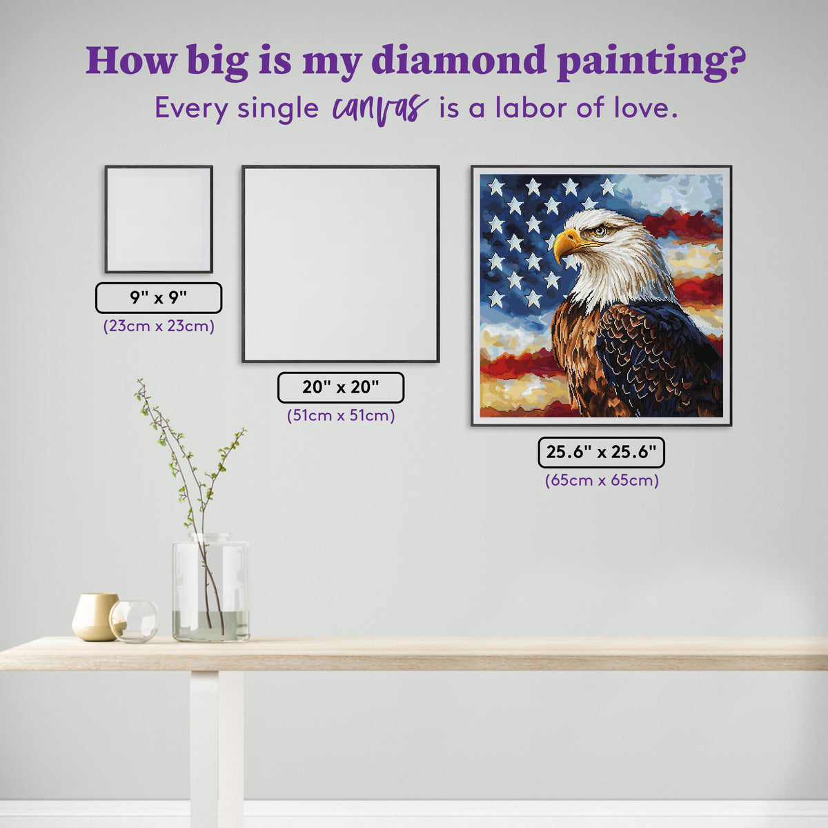Diamond Painting Eagle with Flag 25.6" x 25.6" (65cm x 65cm) / Square with 60 Colors including 1 AB and 6 Fairy Dust Diamonds / 68,121