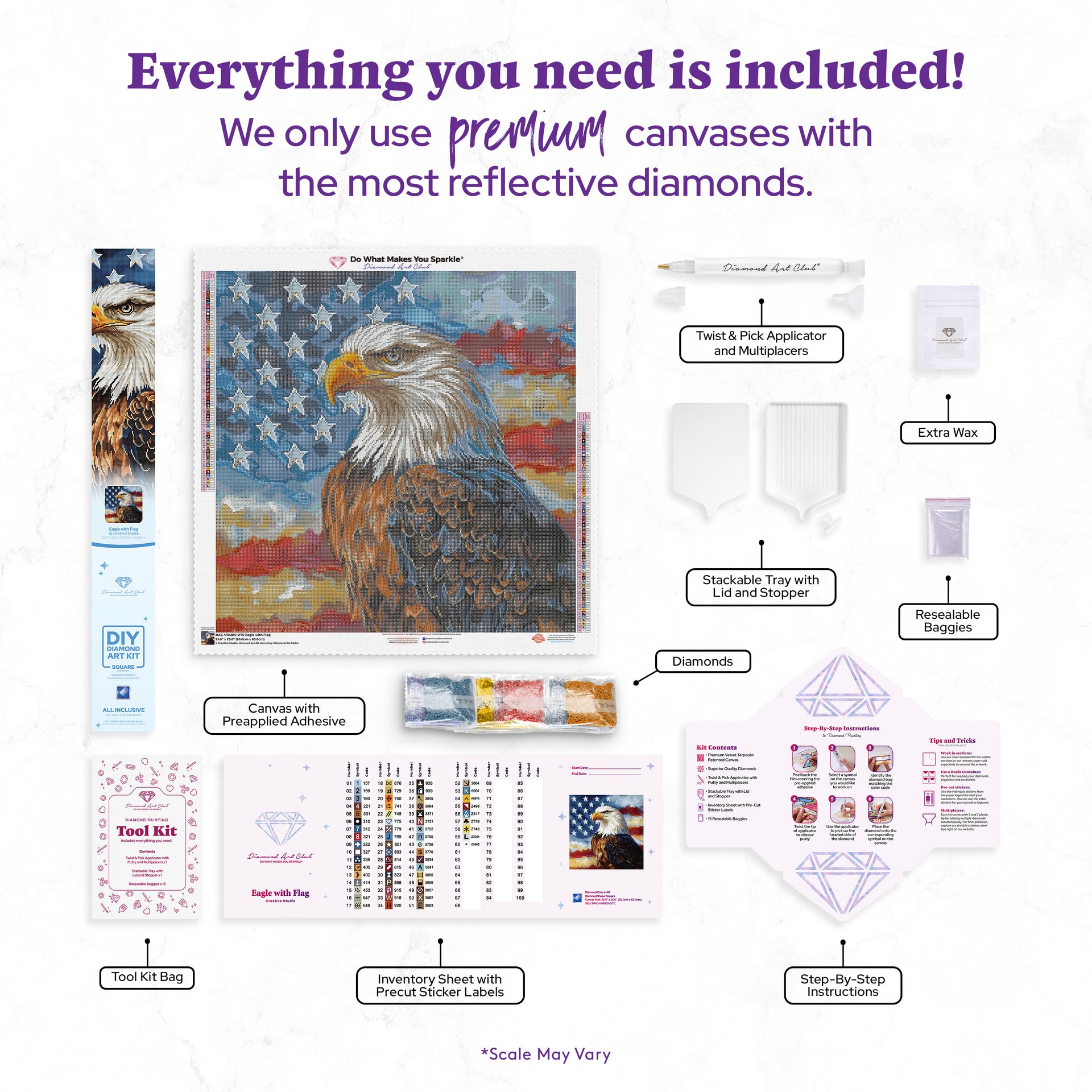 Diamond Painting Eagle with Flag 25.6" x 25.6" (65cm x 65cm) / Square with 60 Colors including 1 AB and 6 Fairy Dust Diamonds / 68,121