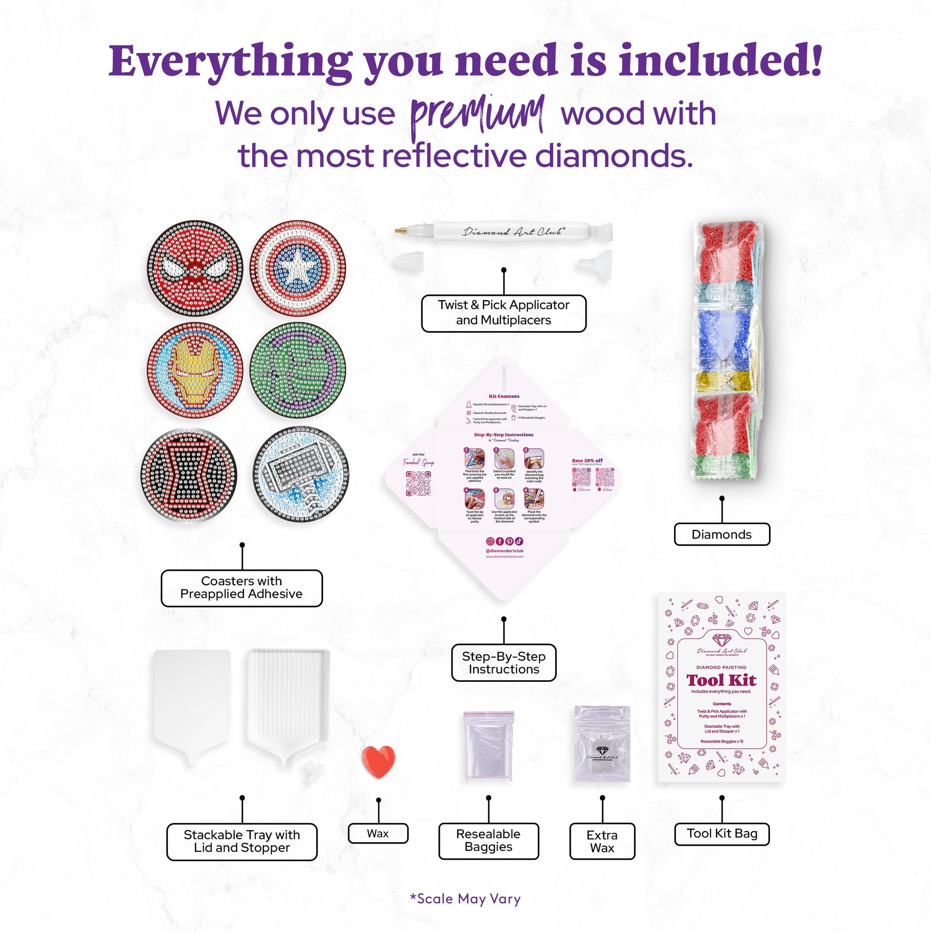 Diamond Painting Easy Gem Coaster - Marvel 4" x 4" (10cm x 10cm) / Round With 10 Colors including 10 Iridescent Diamonds / 2,109