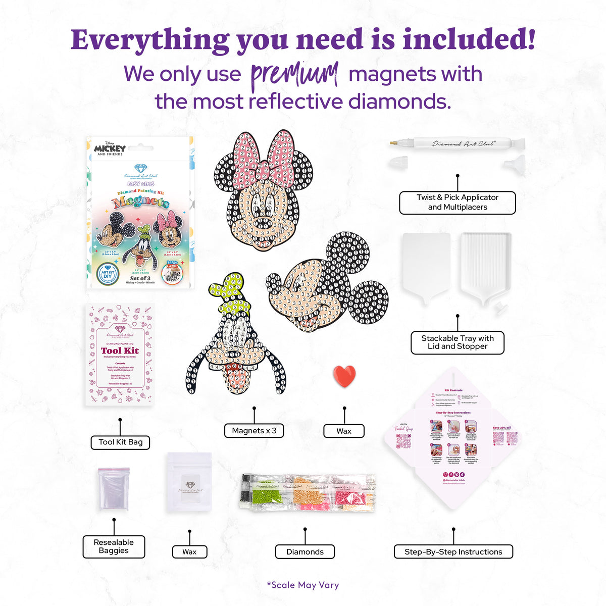 Diamond Painting Easy Gems™ Magnets - Mickey and Friends™ (Set of 3) 2.2" x 3.7" (5.5cm x 9.5cm) / Round with 4 Colors including 4 Iridescent Diamonds / 575