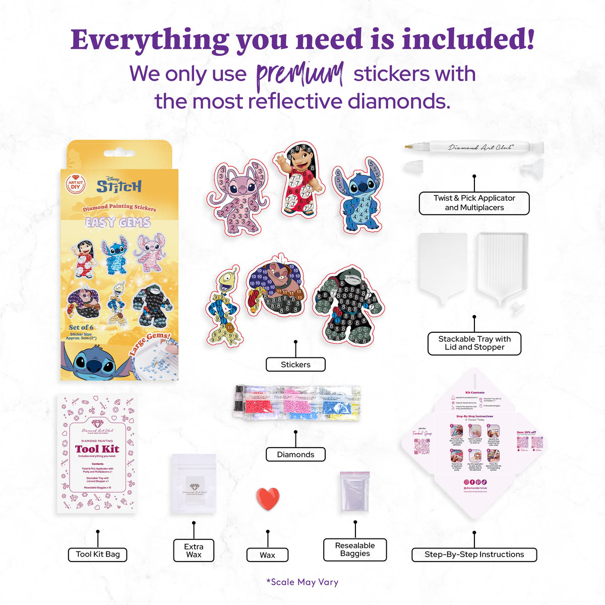 Diamond Painting Easy Gems™ Stickers - Lilo & Stitch™ (Set of 6) Approx. 2" (5cm) / Round with 12 Colors including 12 Iridescent Diamonds / 222