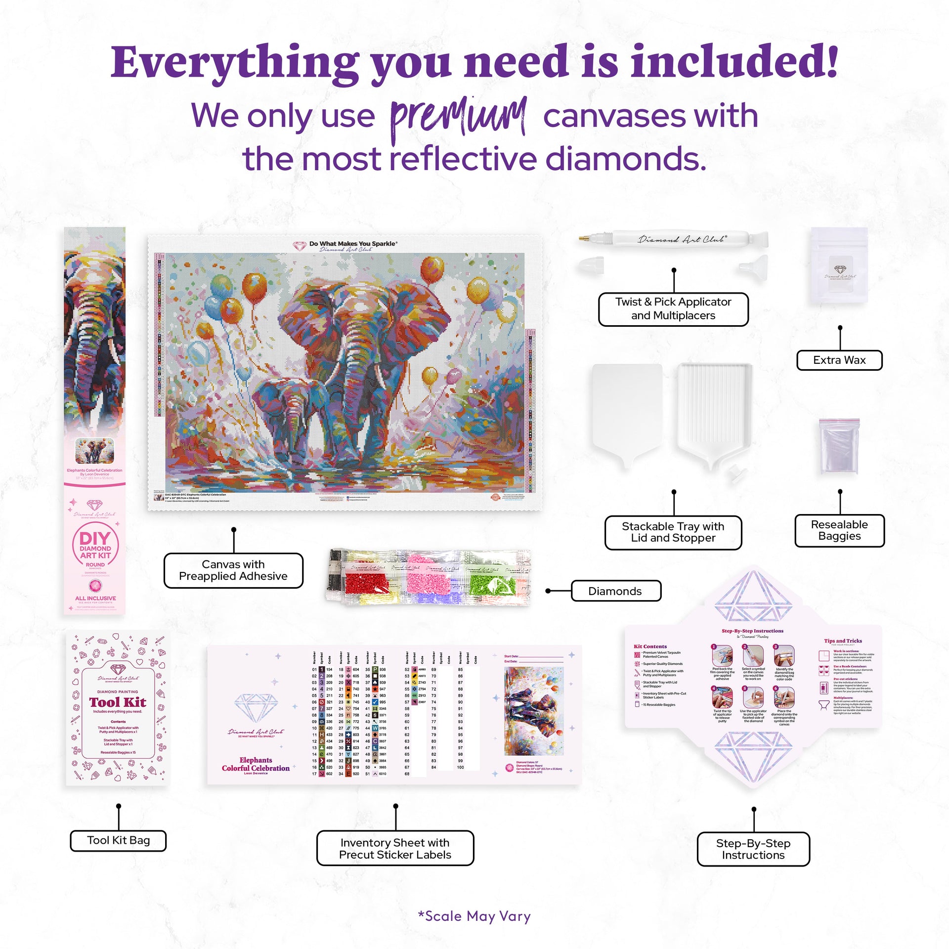 Diamond Painting Elephants Colorful Celebration 33" x 22" (83.7cm x 55.6cm) / Round with 57 Colors including 2 ABs and 4 Fairy Dust Diamonds / 61,408