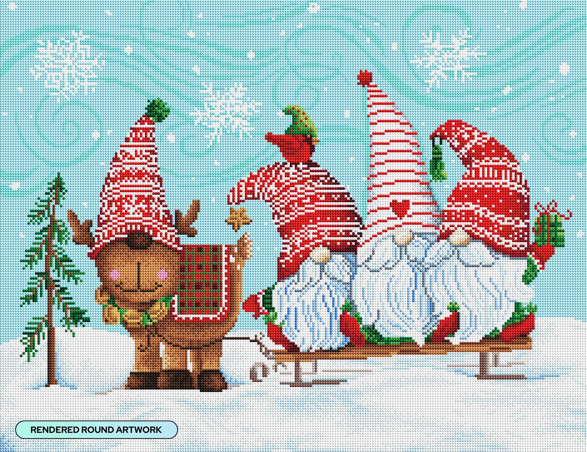 Diamond Painting Elf Gnome Trio with Reindeer 26" x 20" (66cm x 51cm) / Round with 38 Colors including 1 ABs and 1 Fairy Dust Diamonds and 2 Iridescent Diamonds / 42,535