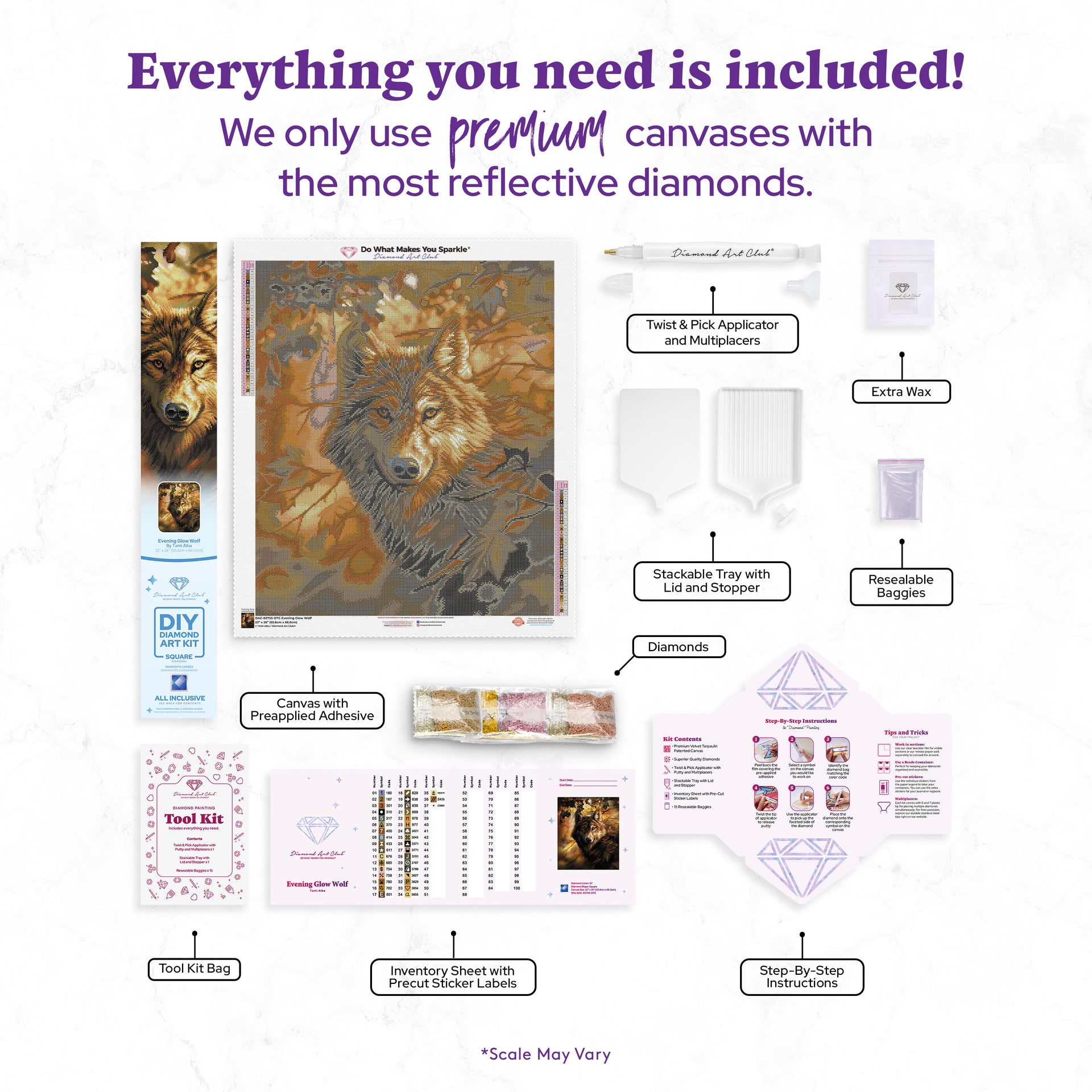 Diamond Painting Evening Glow Wolf 22" x 26" (55.8cm x 66cm) / Square with 37 Colors including 1 AB and 2 Fairy Dust Diamonds / 59,360