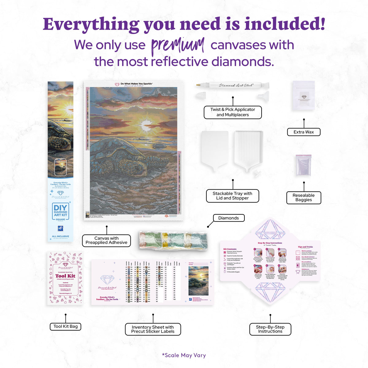 Diamond Painting Everyday Witch's Familiars - The Sea Turtle 22" x 32" (55.8cm x 80.9cm) / Square with 61 Colors including 2 ABs and 2 Fairy Dust Diamonds / 72,800