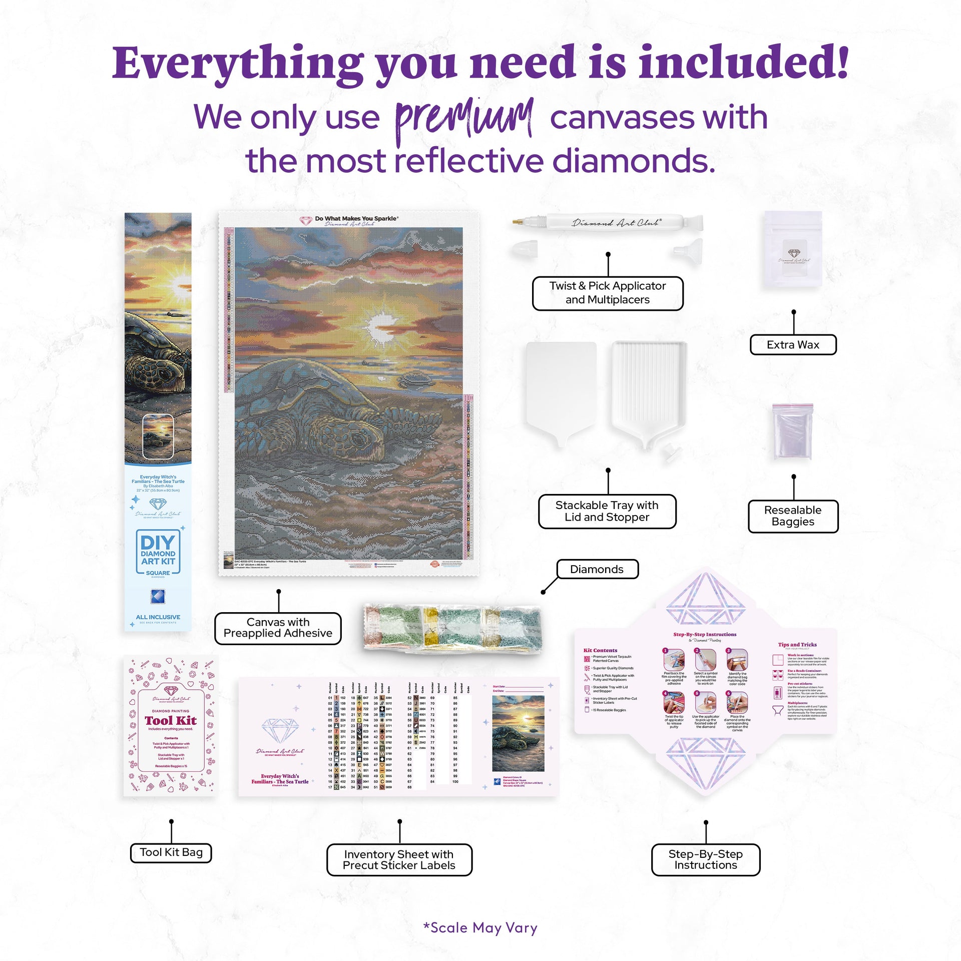 Diamond Painting Everyday Witch's Familiars - The Sea Turtle 22" x 32" (55.8cm x 80.9cm) / Square with 61 Colors including 2 ABs and 2 Fairy Dust Diamonds / 72,800