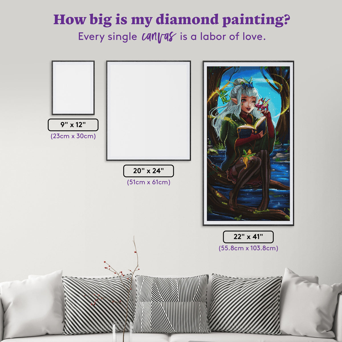 Diamond Painting Fairy Dragons 22" x 41" (55.8cm x 103.8cm) / Square with 89 Colors including 5 ABs and 3 Fairy Dust Diamonds / 93,408