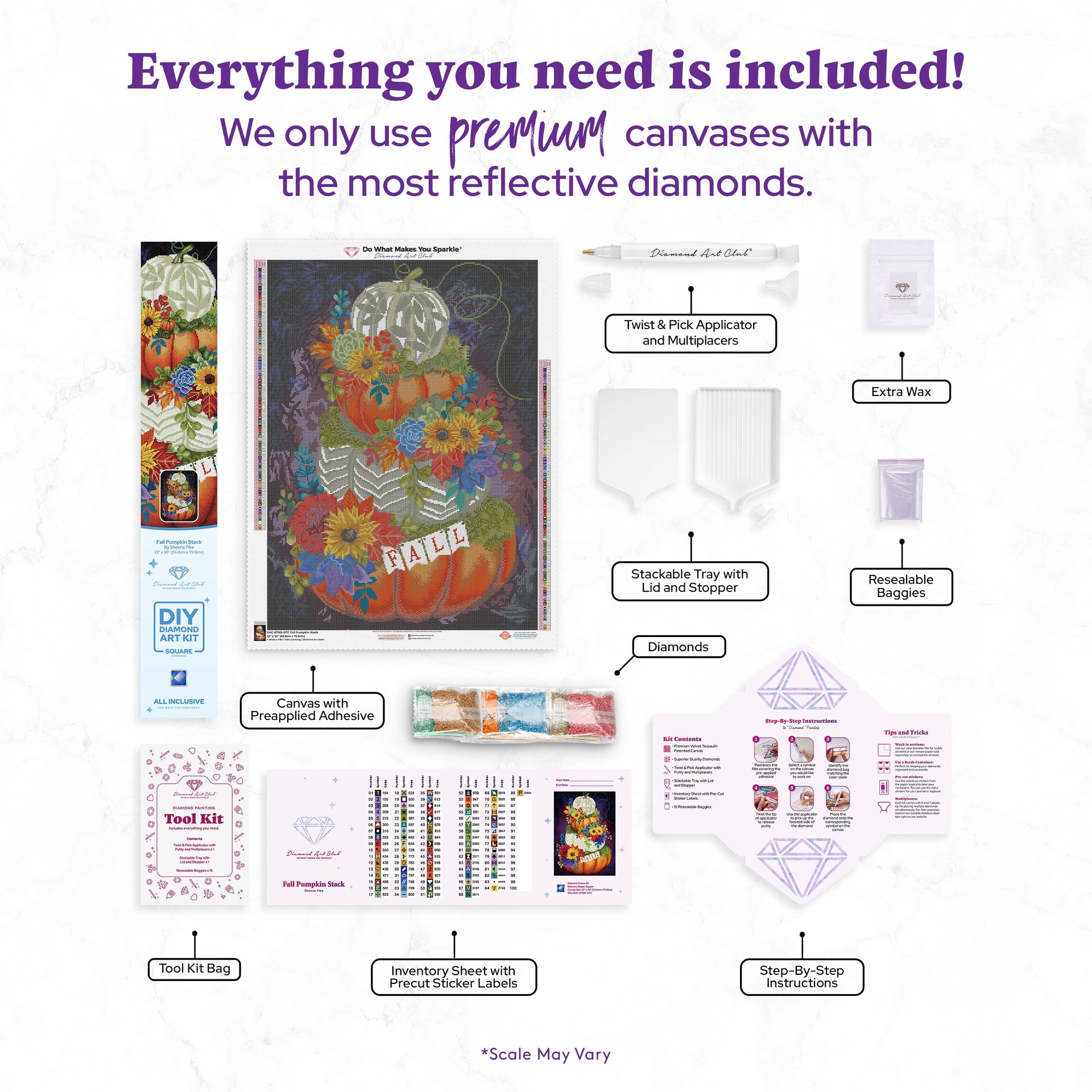 Diamond Painting Fall Pumpkin Stack 22" x 30" (55.8cm x 75.9cm) / Square with 85 Colors including 3 ABs and 2 Fairy Dust Diamonds / 68,320