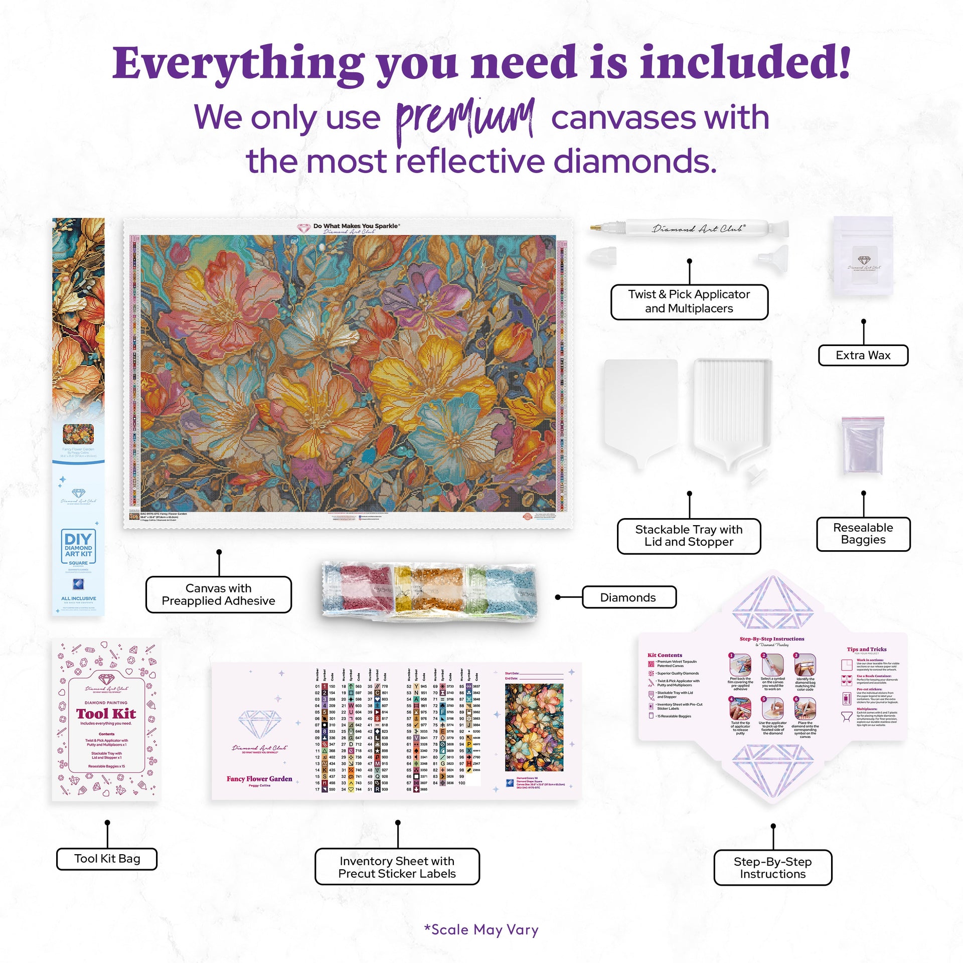 Diamond Painting Fancy Flower Garden 38.6" x 25.6" (97.8cm x 65cm) / Square with 98 Colors including 3 ABs and 3 Fairy Dust Diamonds / 102,573