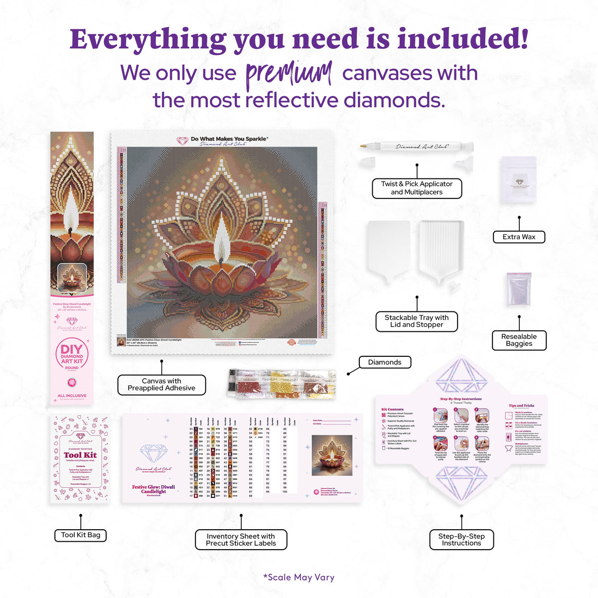 Diamond Painting Festive Glow: Diwali Candlelight 20" x 20" (50.6cm x 50.6cm) / Round With 54 Colors Including 1 AB and 3 Fairy Dust Diamonds / 33,856