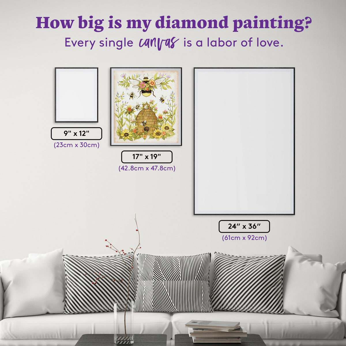 Diamond Painting Floral Bee with Hive 17" x 19" (42.8cm x 47.8cm) / Square with 55 Colors including 2 ABs and 3 Fairy Dust Diamonds / 33,024