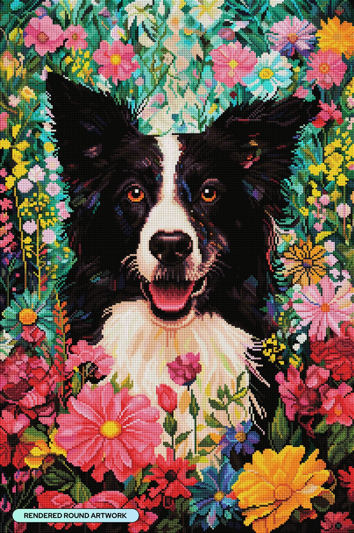 Diamond Painting Florence the Flowered Border Collie 22" x 33" (55.6cm x 83.7cm) / Round with 86 Colors including 1 ABs and 4 Fairy Dust Diamonds / 61,408