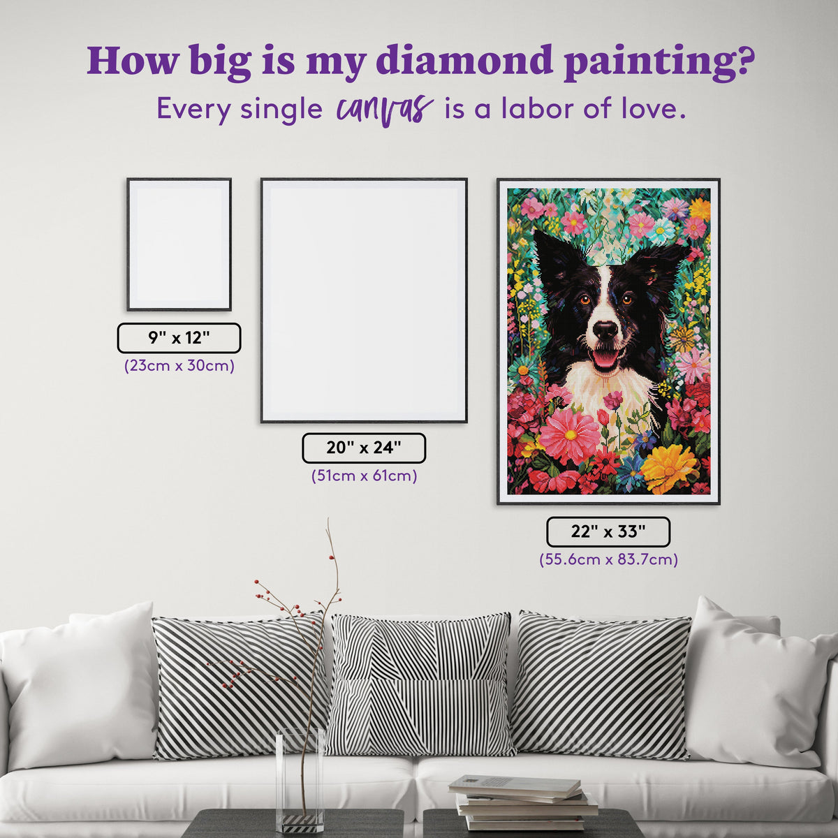 Diamond Painting Florence the Flowered Border Collie 22" x 33" (55.6cm x 83.7cm) / Round with 86 Colors including 1 ABs and 4 Fairy Dust Diamonds / 61,408