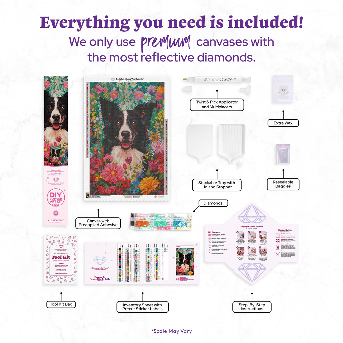 Diamond Painting Florence the Flowered Border Collie 22" x 33" (55.6cm x 83.7cm) / Round with 86 Colors including 1 ABs and 4 Fairy Dust Diamonds / 61,408