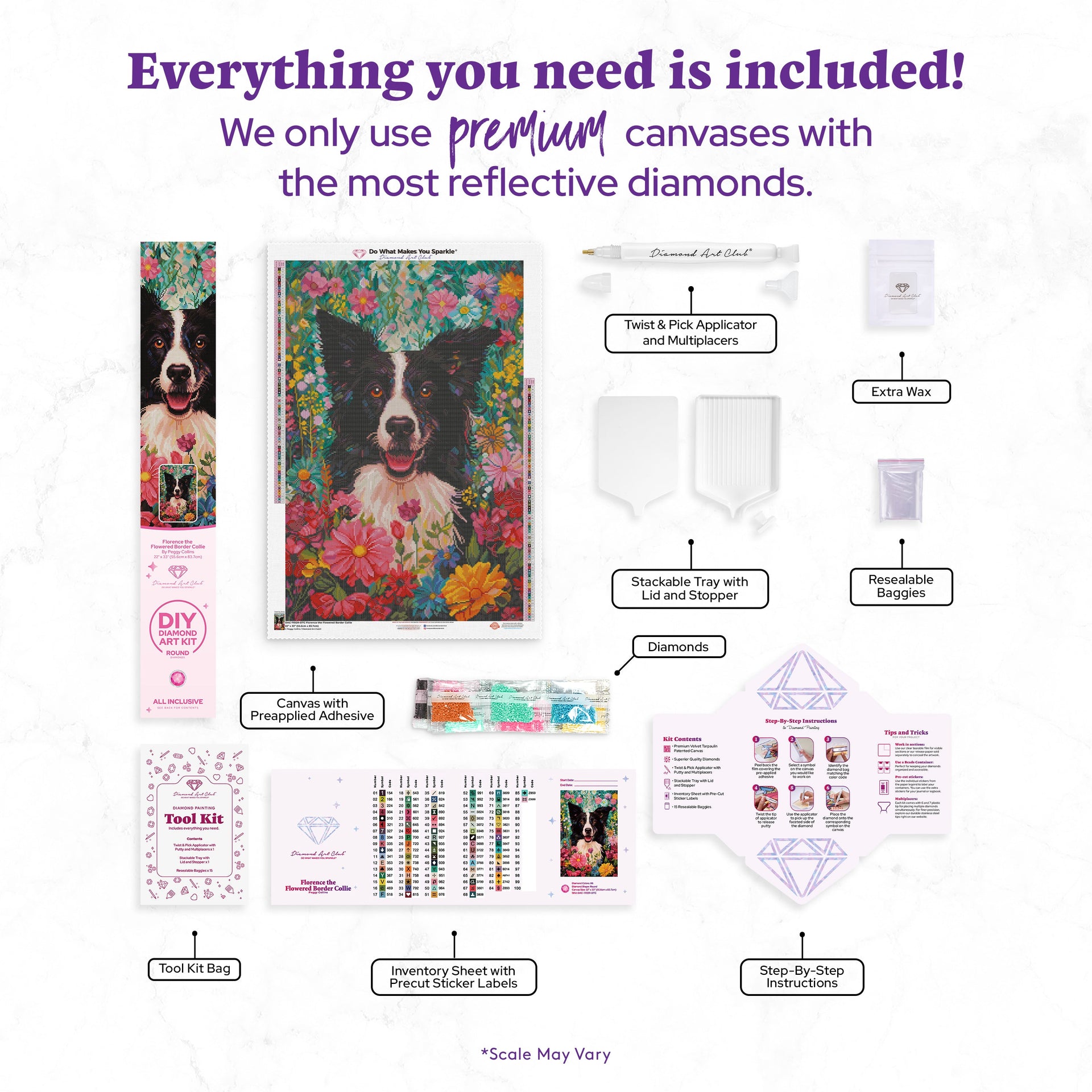 Diamond Painting Florence the Flowered Border Collie 22" x 33" (55.6cm x 83.7cm) / Round with 86 Colors including 1 ABs and 4 Fairy Dust Diamonds / 61,408