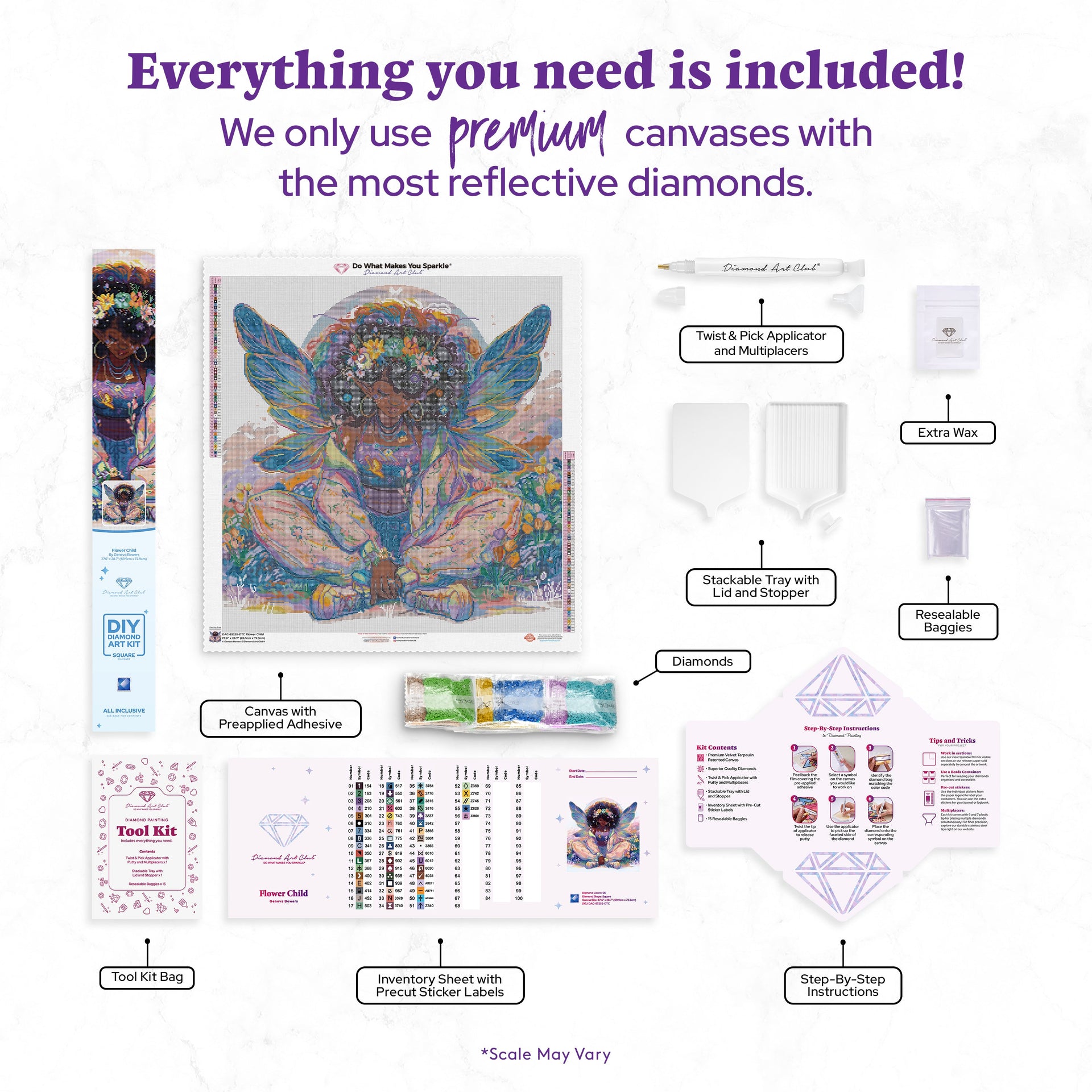 Diamond Painting Flower Child 27.6" x 28.7" (69.9cm x 72.9cm) / Square with 56 Colors including 3 ABs and 6 Fairy Dust Diamonds / 82,333