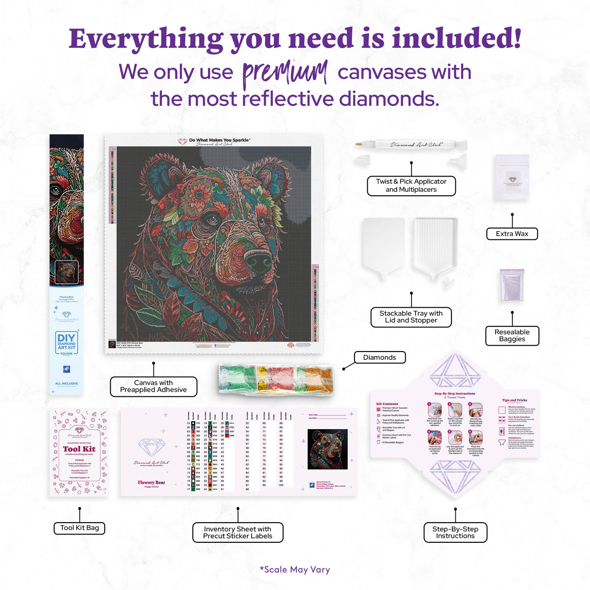 Diamond Painting Flowery Bear 25.6" x 25.6" (65cm x 65cm) / Square with 38 Colors including 4 ABs and 3 Fairy Dust Diamonds / 68,121