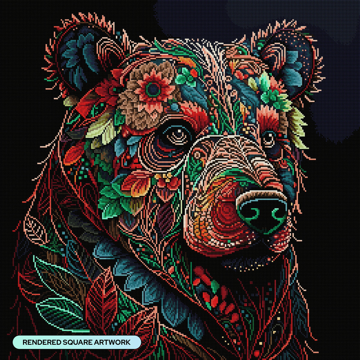 Diamond Painting Flowery Bear 25.6" x 25.6" (65cm x 65cm) / Square with 38 Colors including 4 ABs and 3 Fairy Dust Diamonds / 68,121