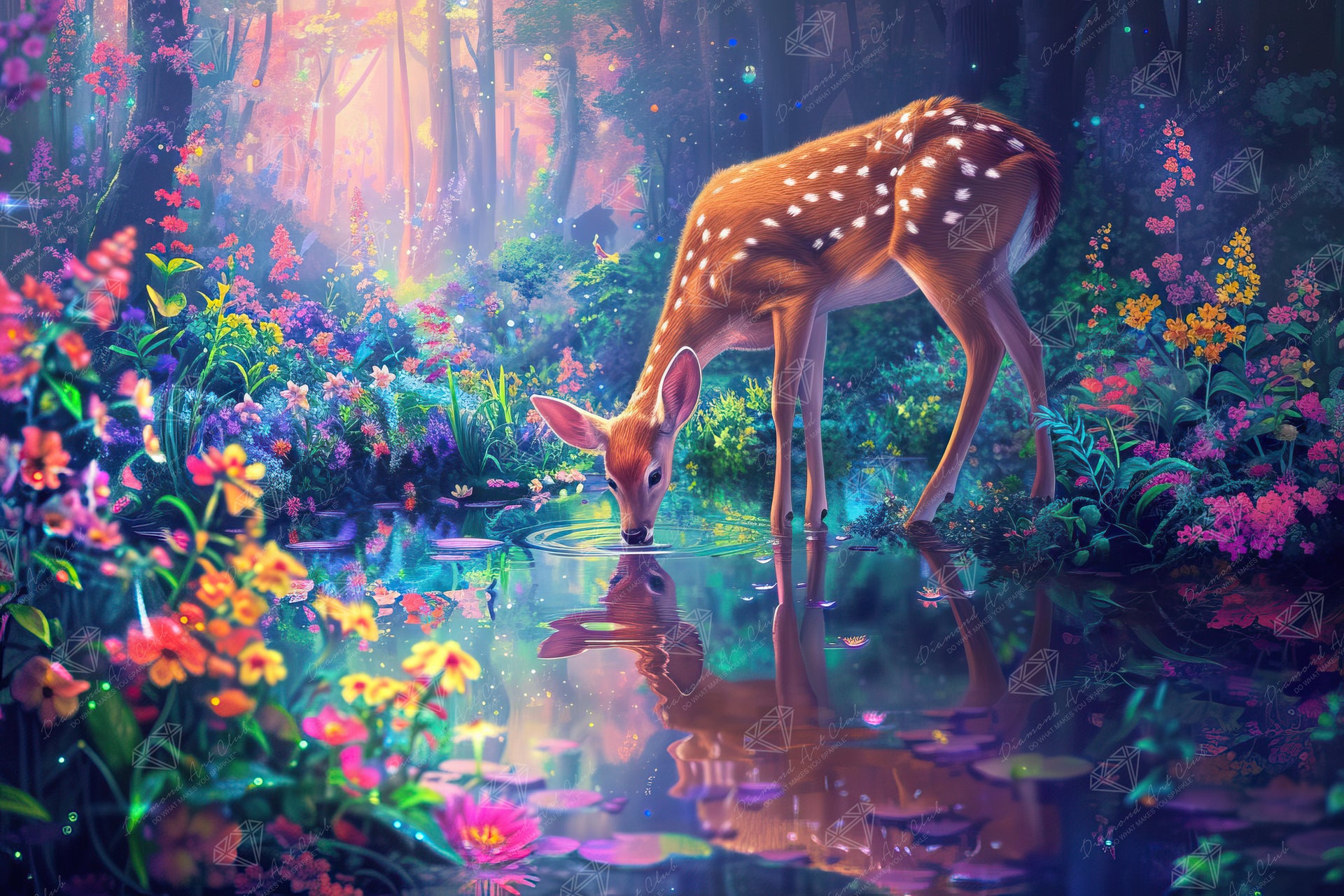 Diamond Painting Forest Deer Drinking 41.3" x 27.6" (104.8cm x 69.9cm) / Square with 77 Colors including 3 ABs and 5 Fairy Dust Diamonds / 118,301