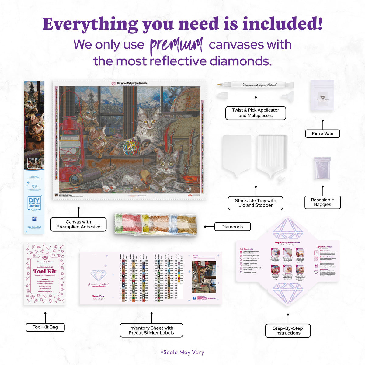 Diamond Painting Four Cats 36.6" x 27.6" (92.8cm x 69.9cm) / Square with 94 Colors including 2 ABs and 3 Fairy Dust Diamonds / 104,813