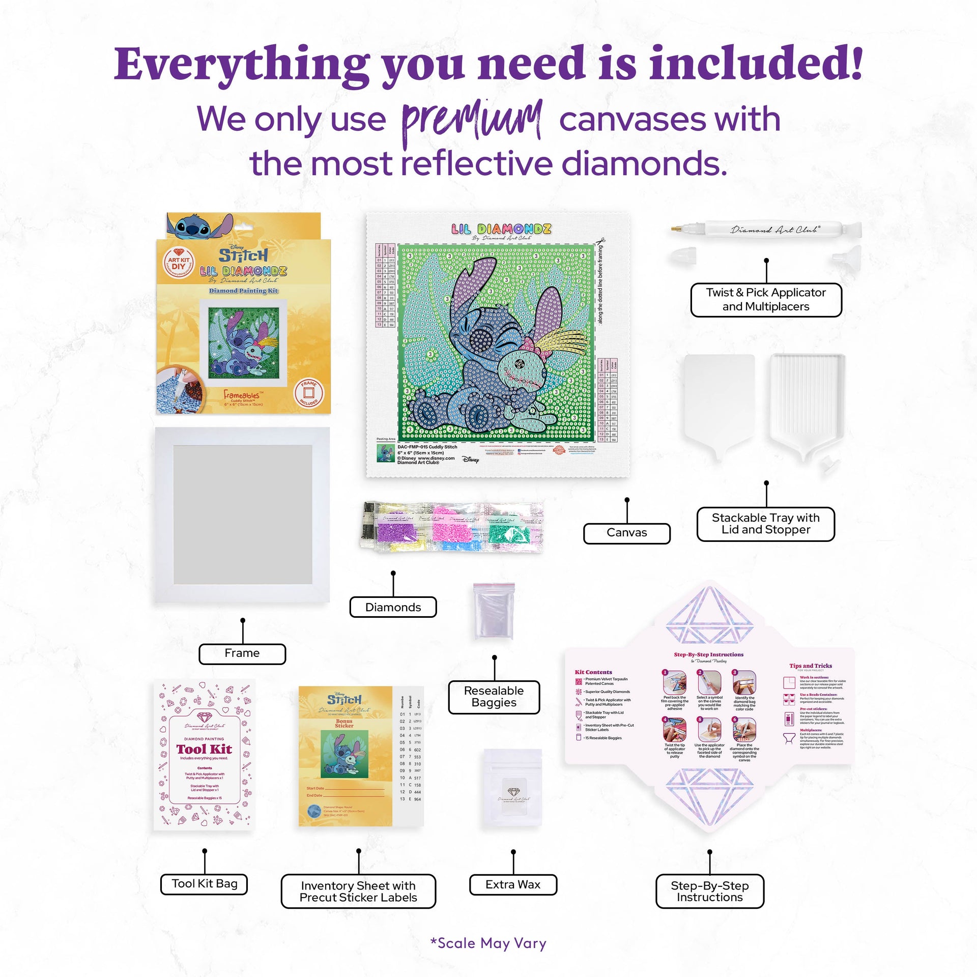 Diamond Painting Frameables™ - Cuddly Stitch™ 6" x 6" (15cm x 15cm) / Round with 13 Colors including 4 Iridescent Diamonds / 1,907