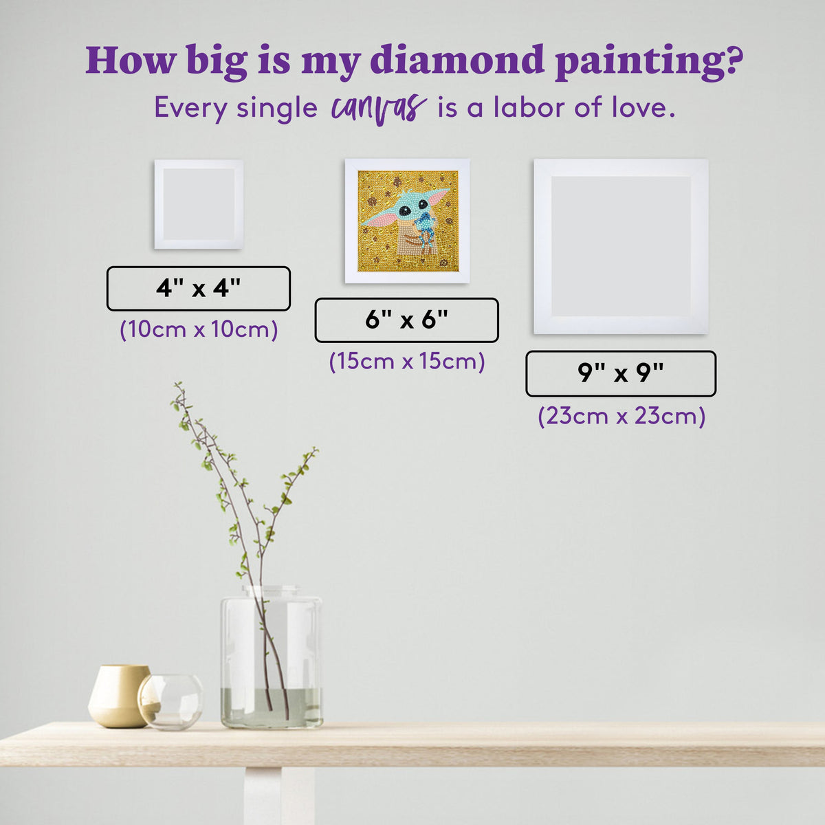 Diamond Painting Frameables™ - Grogu™ Galactic Hug 6" x 6" (15cm x 15cm) / Round with 12 Colors including 4 Iridescent Diamonds / 2,439