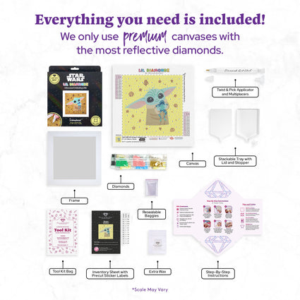 Diamond Painting Frameables™ - Grogu™ Galactic Hug 6" x 6" (15cm x 15cm) / Round with 12 Colors including 4 Iridescent Diamonds / 2,439