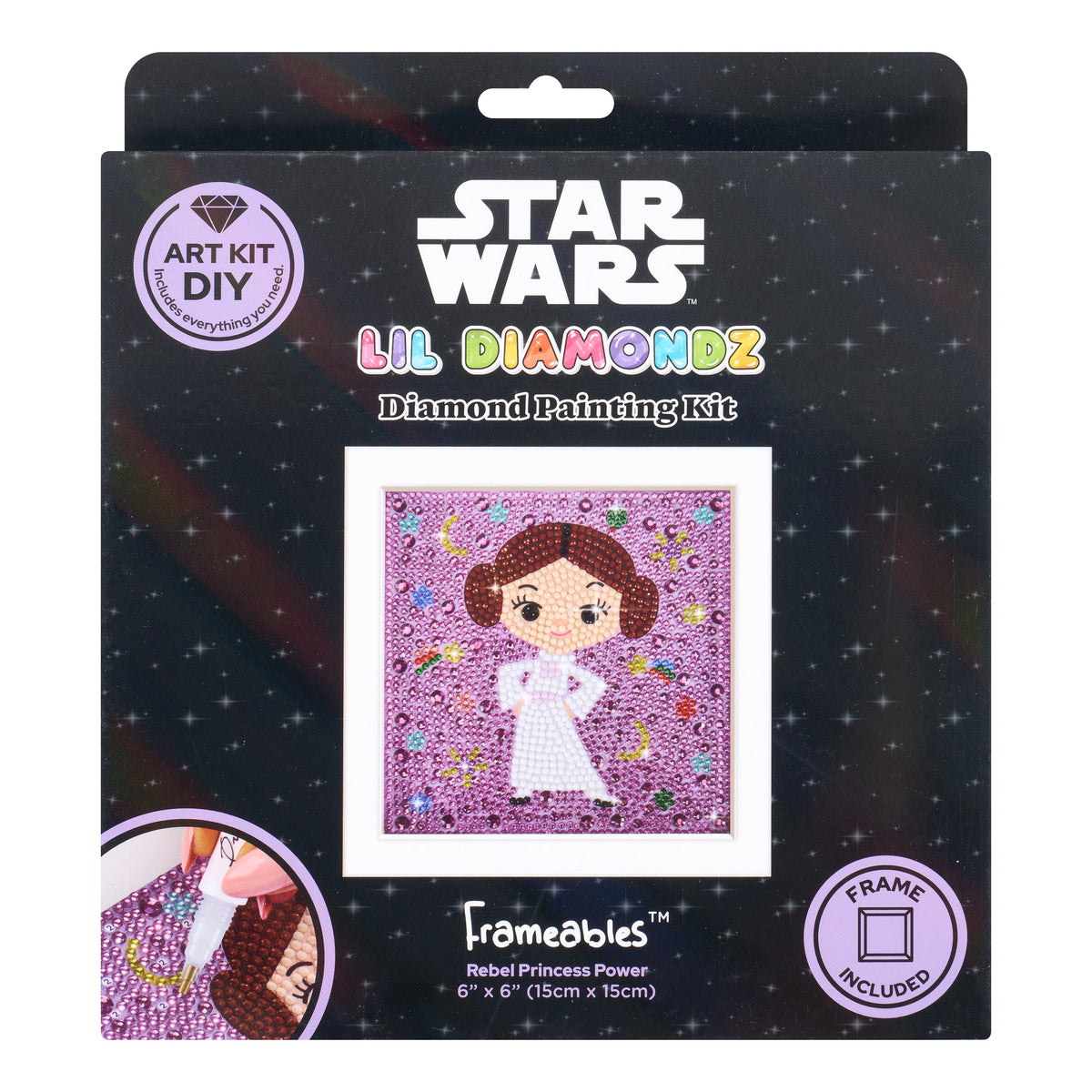 Diamond Painting Frameables™ - Rebel Princess Power 6" x 6" (15cm x 15cm) / Round with 15 Colors including 10 Iridescent Diamonds / 2,439