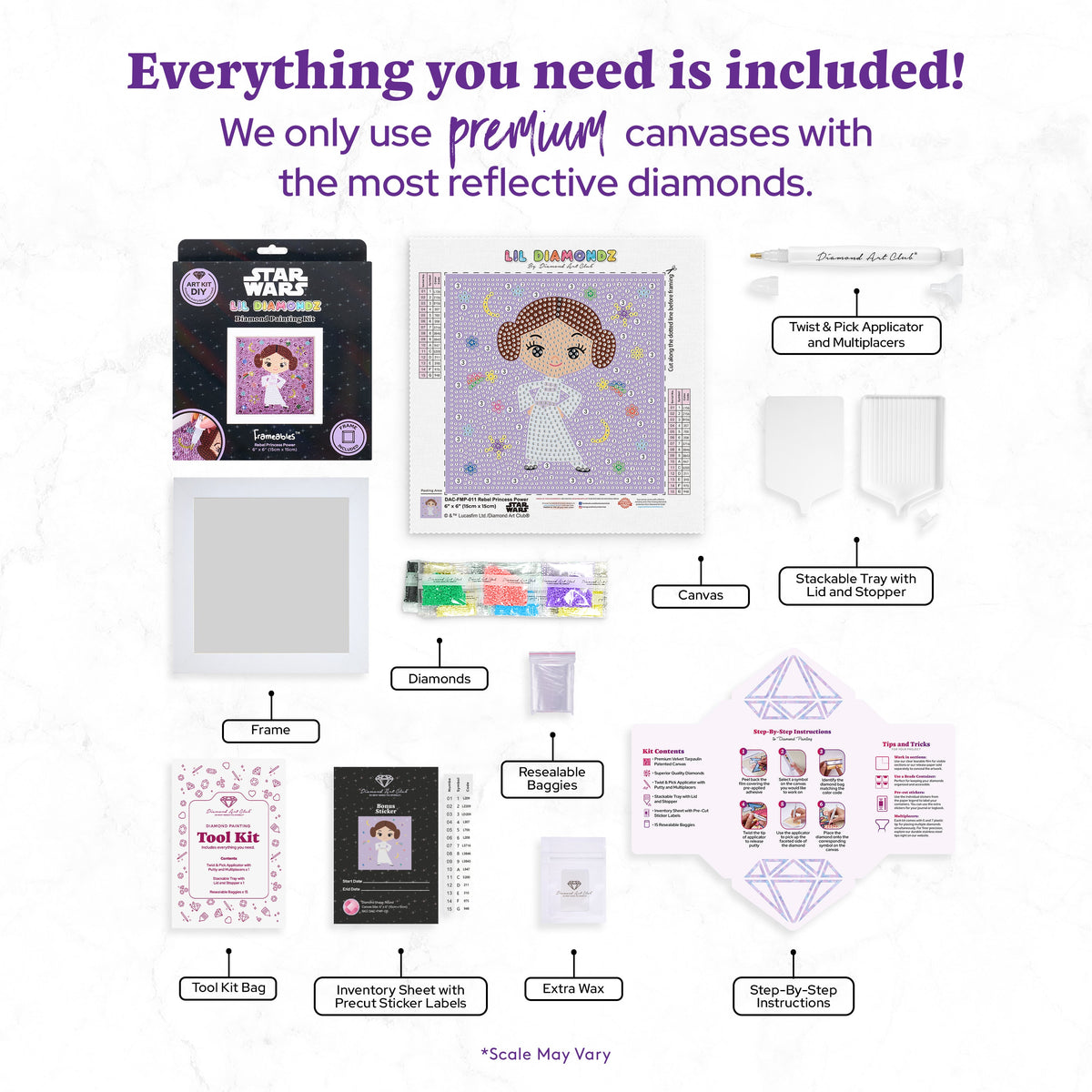 Diamond Painting Frameables™ - Rebel Princess Power 6" x 6" (15cm x 15cm) / Round with 15 Colors including 10 Iridescent Diamonds / 2,439
