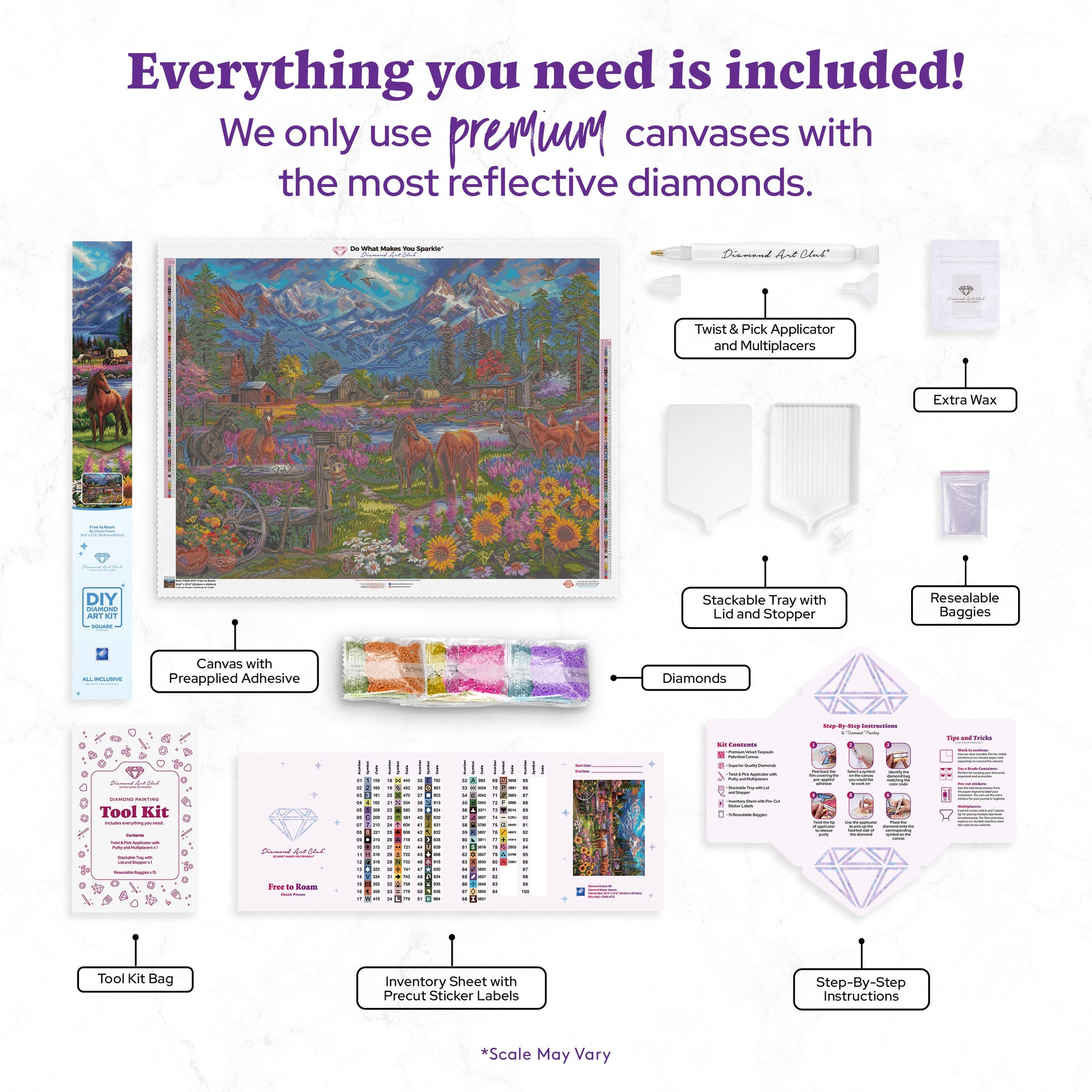 Diamond Painting Free to Roam 36.6" x 27.6" (92.8cm x 69.9cm) / Square With 80 Colors Including 3 ABs and 3 Fairy Dust Diamonds / 104,813