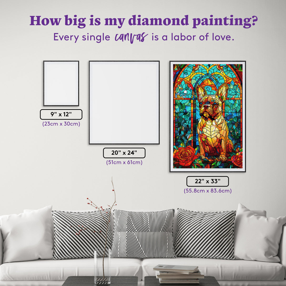 Diamond Painting French Bulldog Stained Glass 22" x 33" (55.8cm x 83.6cm) / Square with 93 Colors including 3 ABs and 2 Iridescent Diamonds and 3 Fairy Dust Diamonds / 75,264