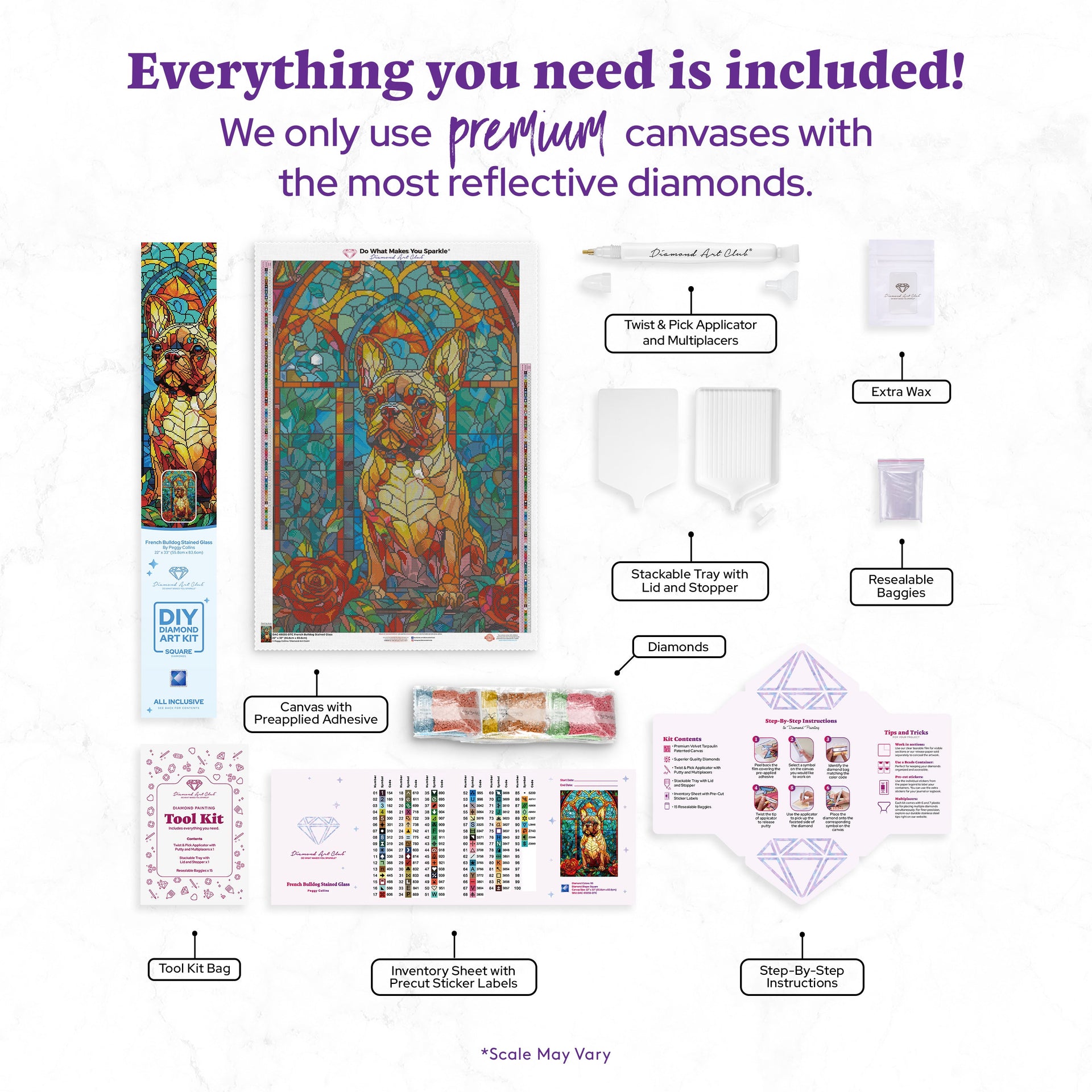 Diamond Painting French Bulldog Stained Glass 22" x 33" (55.8cm x 83.6cm) / Square with 93 Colors including 3 ABs and 2 Iridescent Diamonds and 3 Fairy Dust Diamonds / 75,264