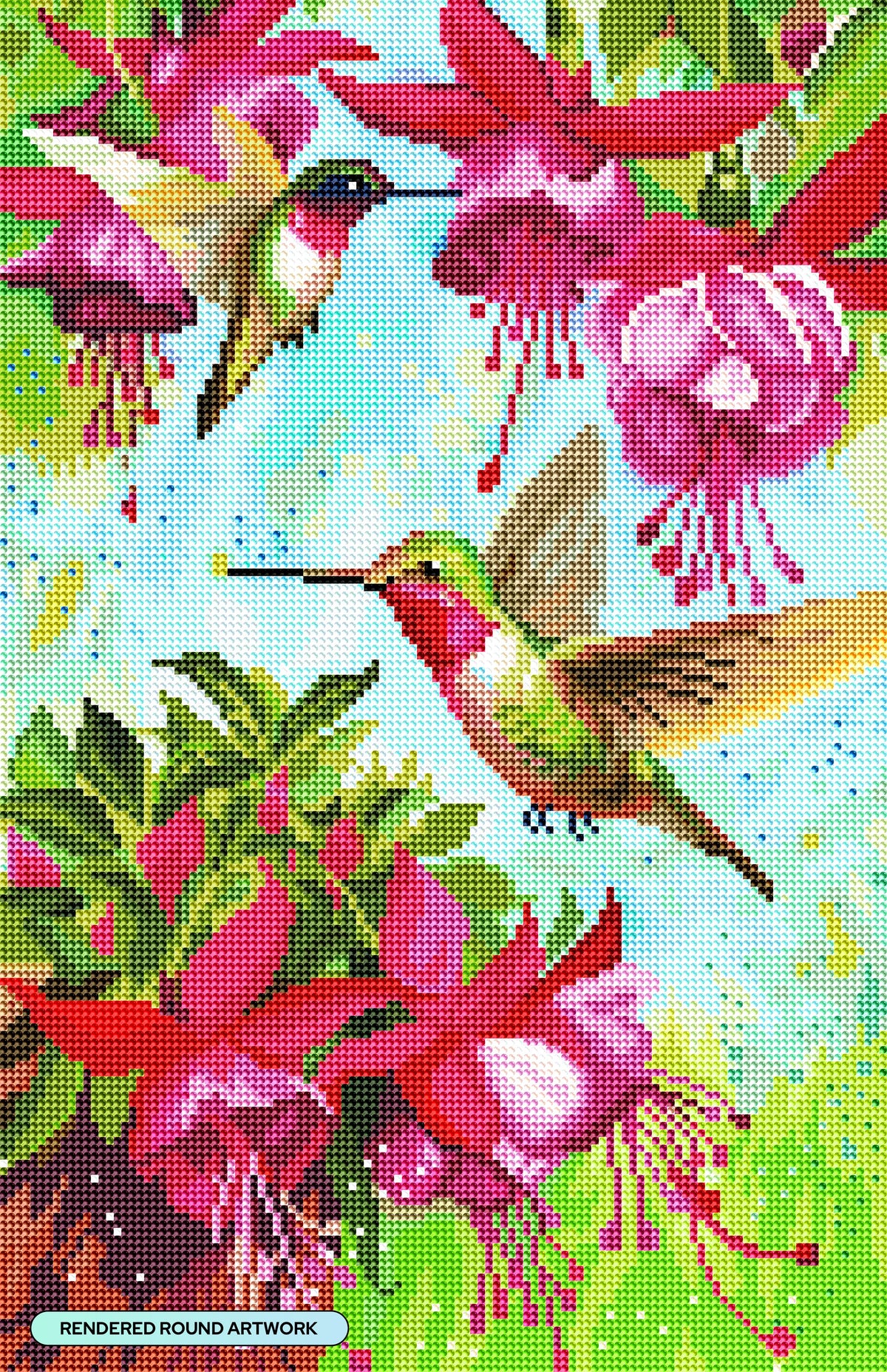 Diamond Painting Fuschia Hummingbird 13" x 20" (32.8cm x 50.7cm) / Round with 54 Colors including 3 ABs and 2 Fairy Dust Diamonds / 21,177