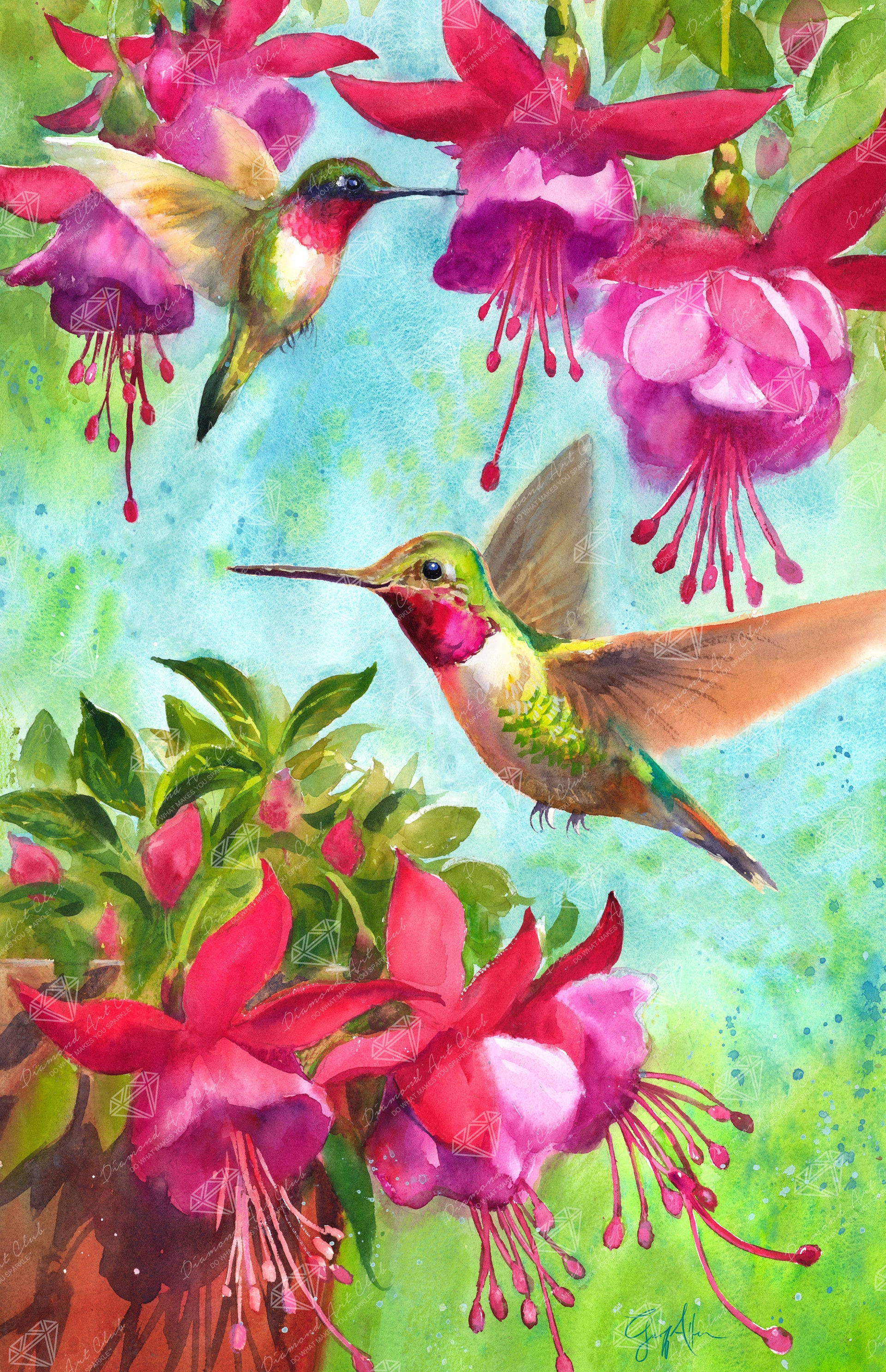 Diamond Painting Fuschia Hummingbird 13" x 20" (32.8cm x 50.7cm) / Round with 54 Colors including 3 ABs and 2 Fairy Dust Diamonds / 21,177