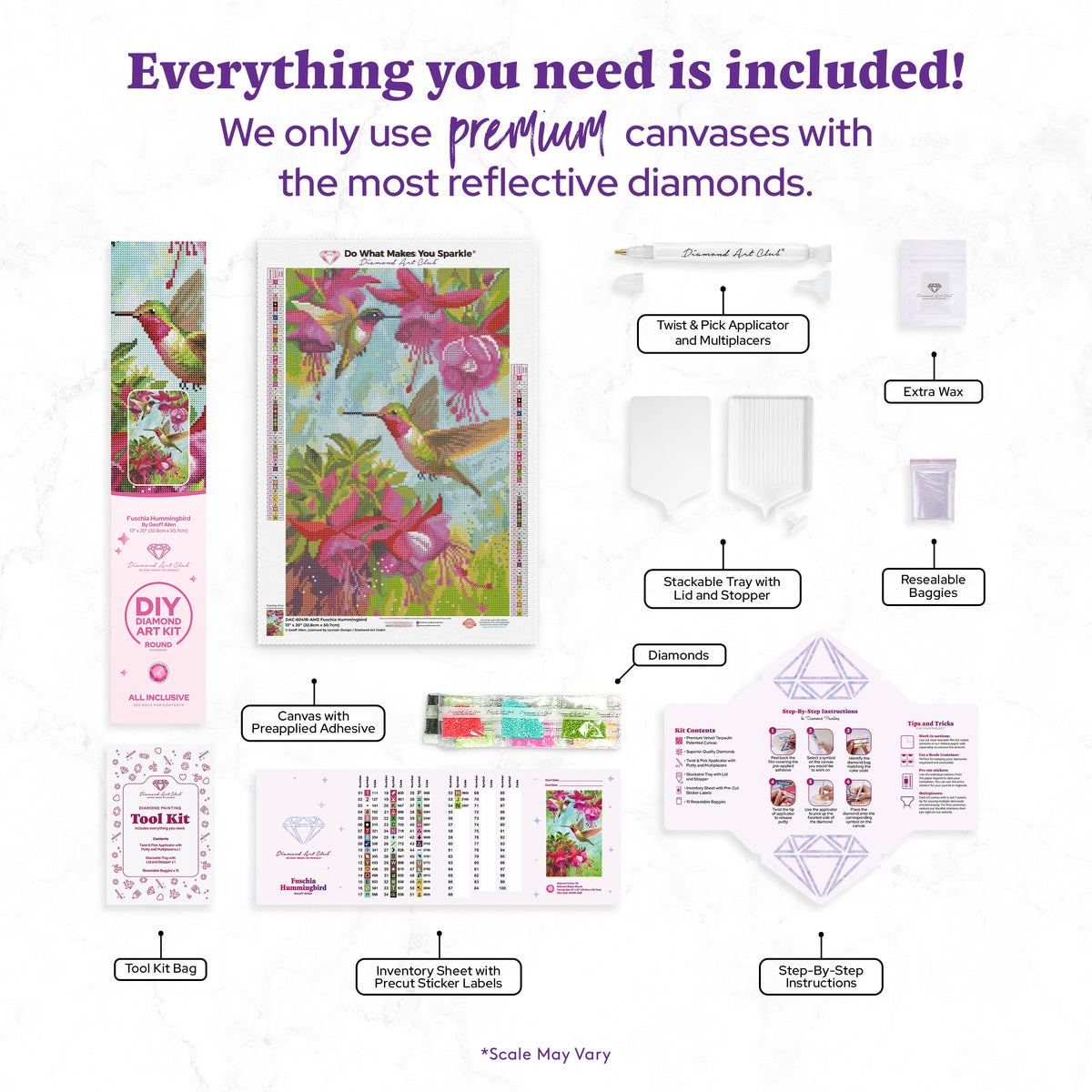 Diamond Painting Fuschia Hummingbird 13" x 20" (32.8cm x 50.7cm) / Round with 54 Colors including 3 ABs and 2 Fairy Dust Diamonds / 21,177