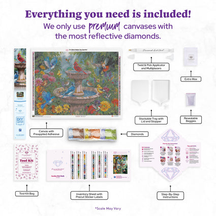 Diamond Painting Garden Bird Bath 36.6" x 27.6" (92.8cm x 69.9cm) / Square With 100 Colors Including 4 ABs and 2 Fairy Dust Diamonds / 104,813