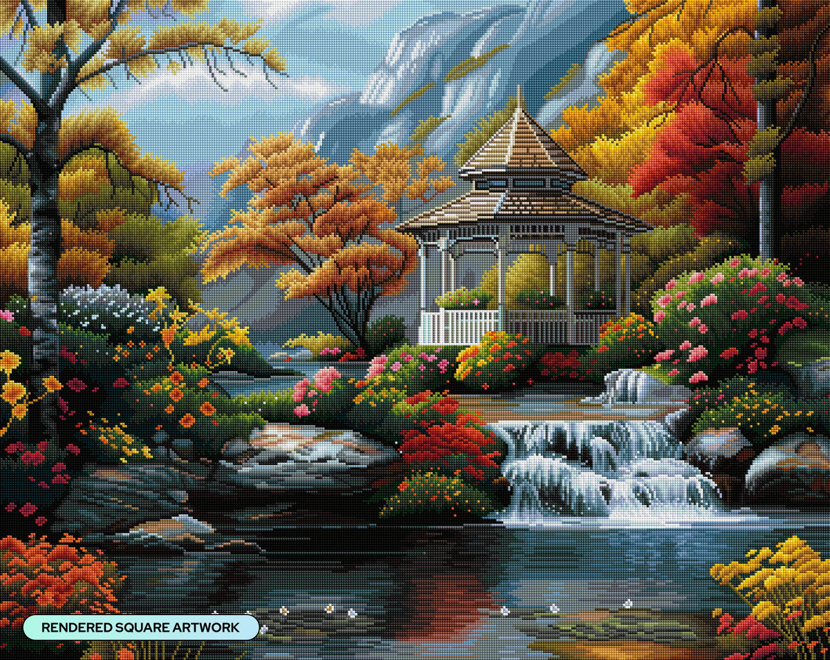Diamond Painting Gazebo at Rivers Edge 34.7" x 27.6" (87.9cm x 69.9cm) / Square with 65 Colors including 3 ABs and 3 Fairy Dust Diamonds / 99,193